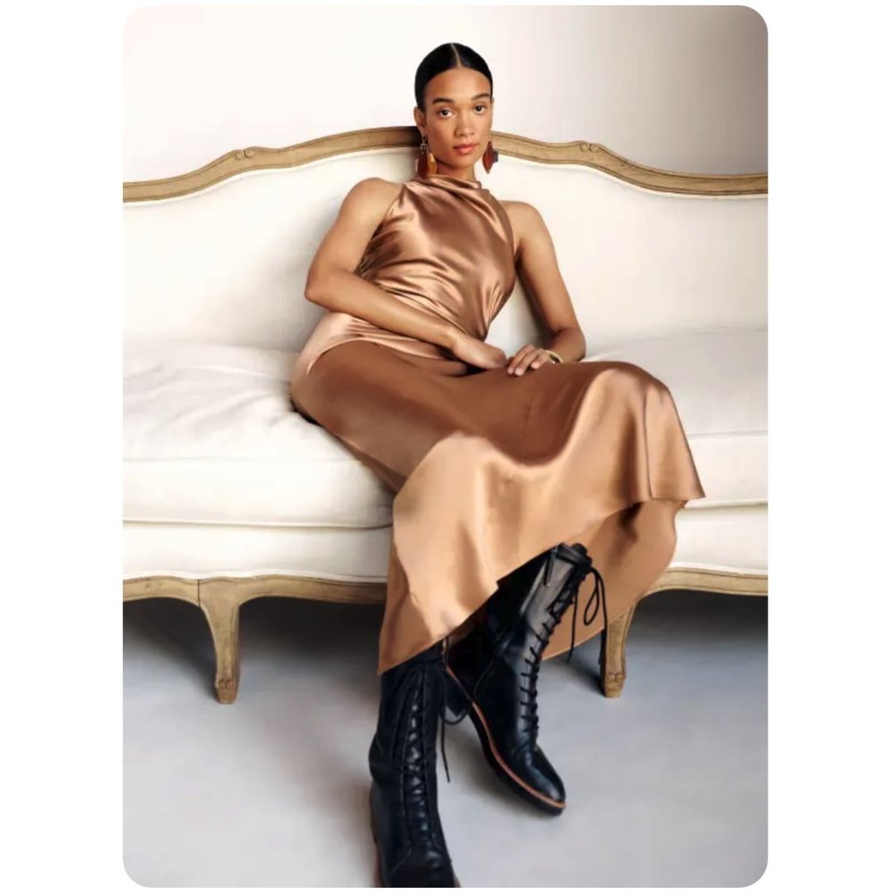 Reformation Casette Silk Dress in Croissant